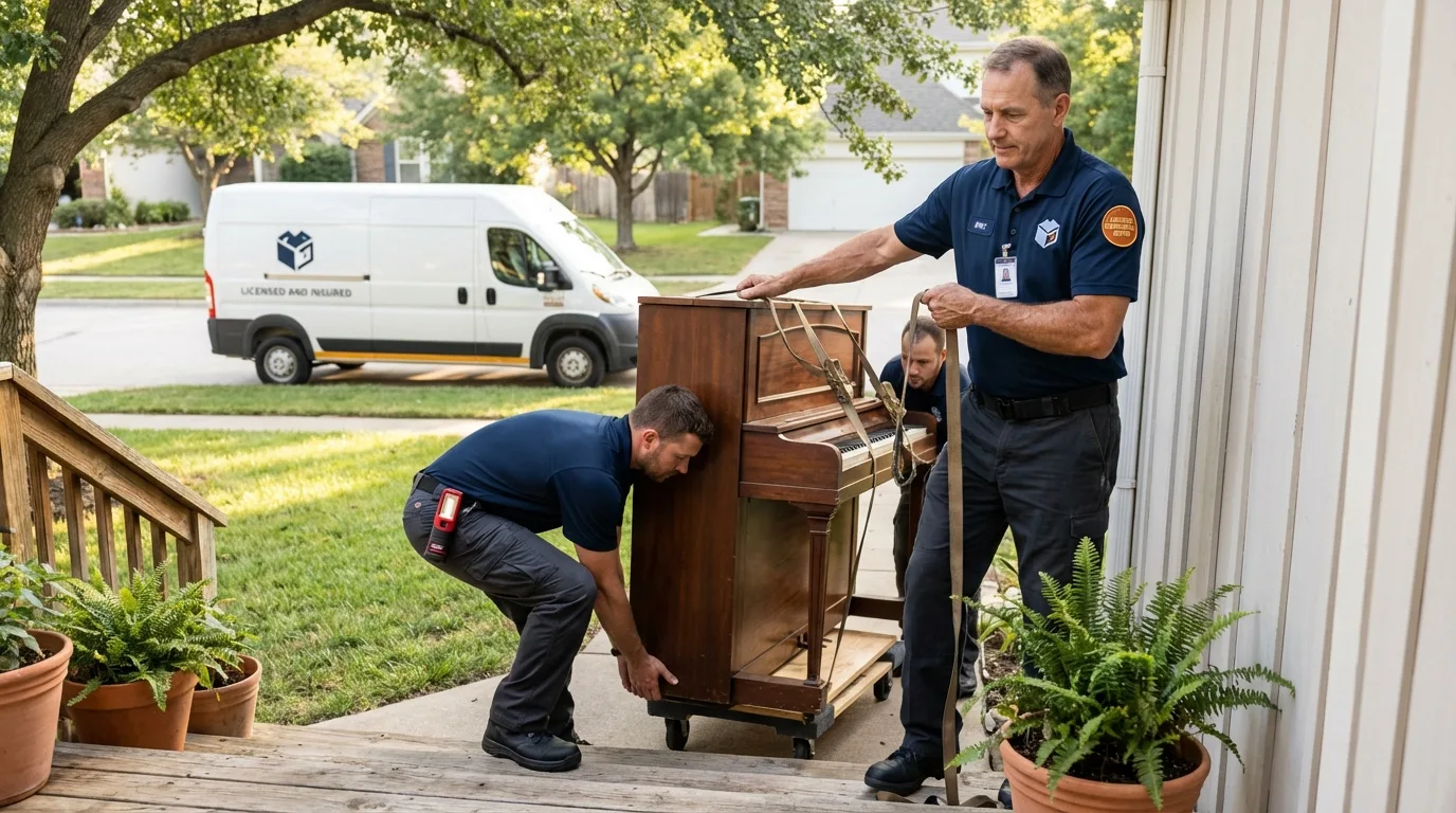 Licensed piano movers securing grand piano in Bryson City, NC