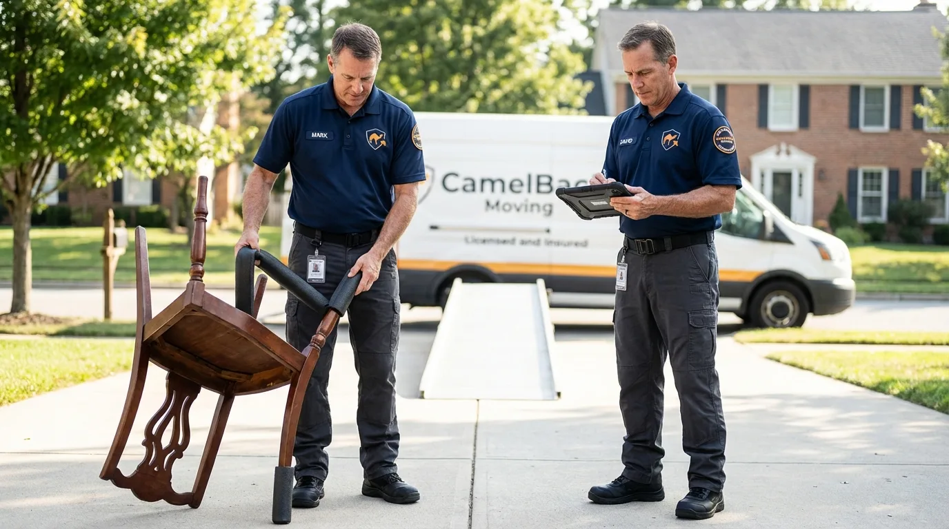 Movers inspecting furniture for damage prevention before loading in Bryson City, NC
