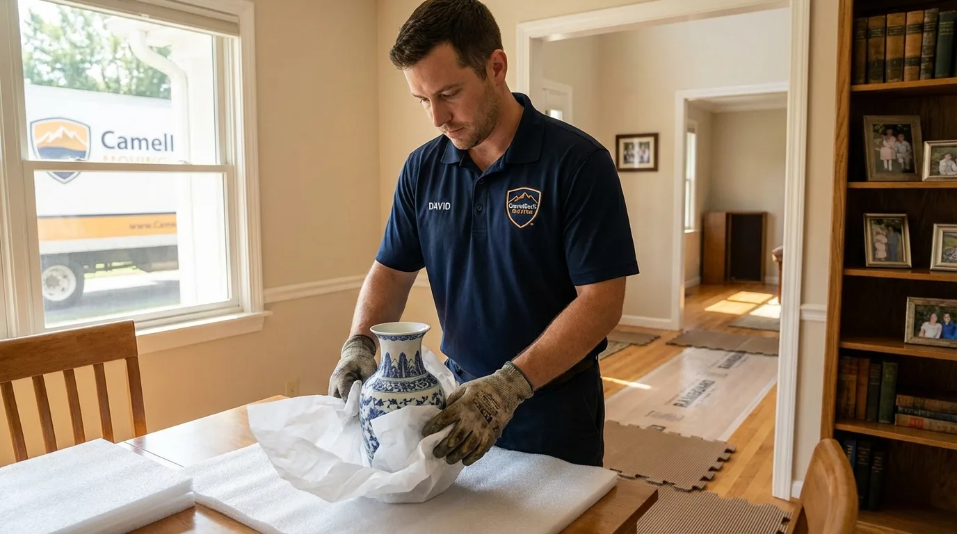 Professional crew carefully wrapping antique vase for senior downsizing move in Bryson City, NC